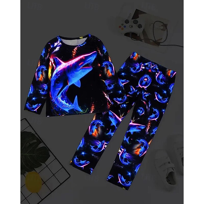 Boys 3D Graphic Shark Pajama Sets Tee & Pants Pajama Sets Long Sleeve 3D Print Fall Winter Active Basic Kids 4 years+ Crew Neck Home Daily Regular Fit3