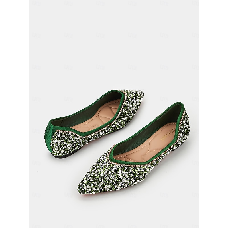 Women's Green Rhinestone Embellished Pointed-Toe Flats, Elegant Crystal Beaded Ballet Shoes, Perfect for Weddings, Parties, and Formal Occasions2