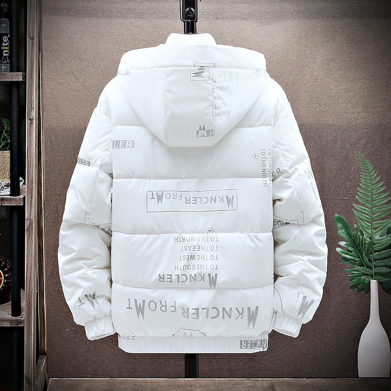 Men's Winter Coat Puffer Jacket Hoodie Jacket Imitation Silk Cotton Hoodie Outdoor Casual Daily Short Windproof Warm Fall & Winter Solid / Plain Color Silver Black White Puffer Jacket2