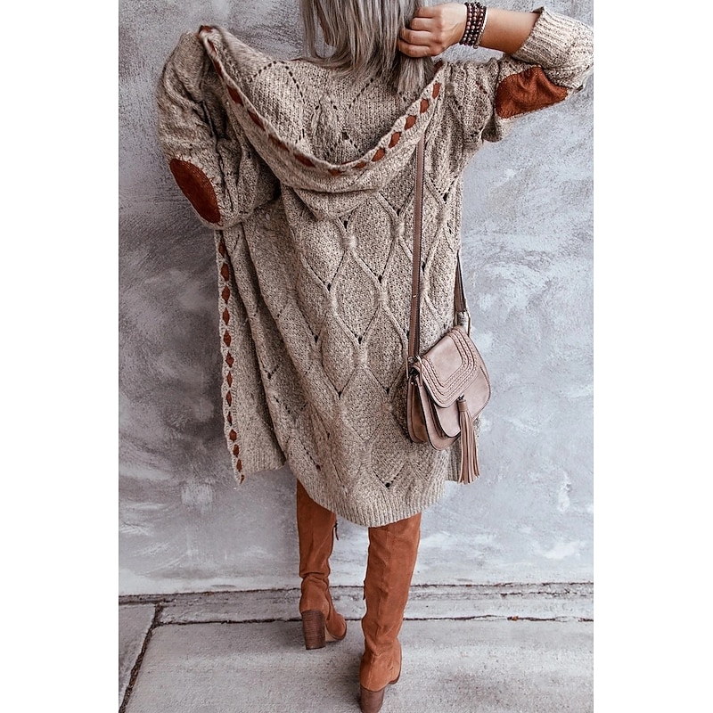 Women's Cardigan Vintage Streetwear Daily Geometric Cable Hooded Lace up Long Sleeve Long Tops Knit Work Holiday Going out Khaki Fall Winter2