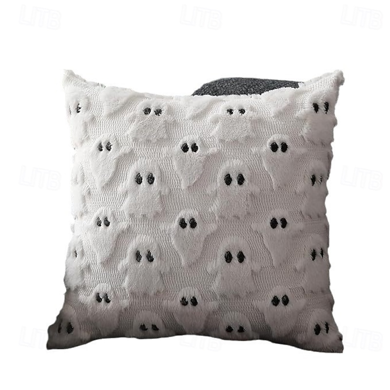 Halloween Pillow Covers White Ghost Halloween Decor Throw Pillow Cases Soft Plush Faux Fur Ghost Decor Couch Cushion Case for Bedroom Living Room Halloween Home Decor4