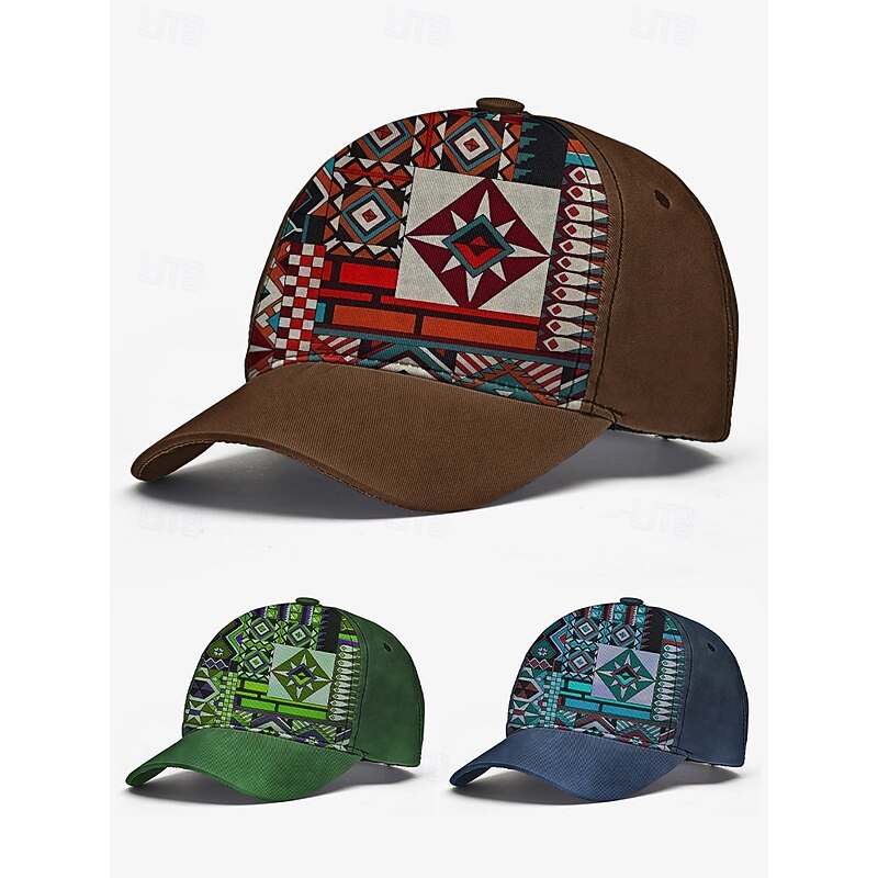 Men's Brown Baseball Cap with Colorful Tribal Print – Adjustable Casual Hat for Outdoor Activities and Festivals