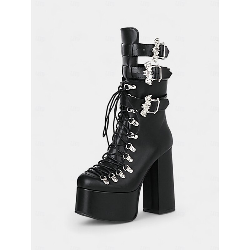 Women's Gothic Platform Lace-Up Boots with Buckle Straps and Chunky Heels – Statement Heeled Boots for Parties and Alternative Fashion