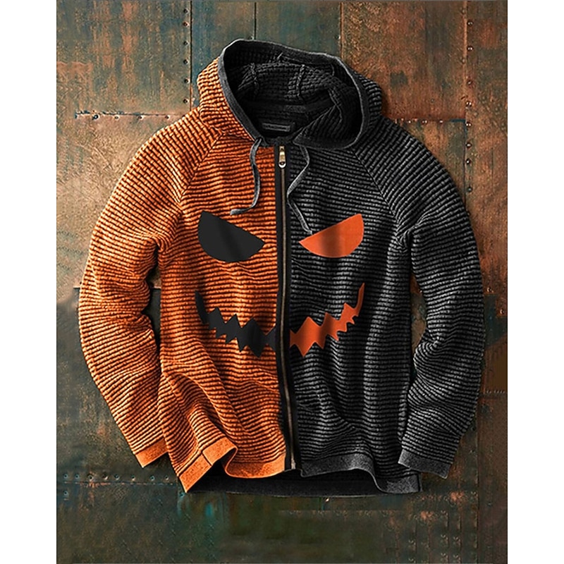 Men's Full Zip Hoodie Zip Up Hoodie Black Purple Orange Green Gray Hooded Color Block Zip Up Patchwork Ribbed Sports & Outdoor Daily Holiday Polyester Casual Halloween Spring & Fall Clothing Apparel
