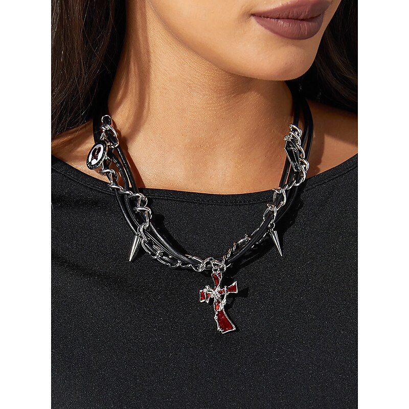 Gothic Punk Chain Necklace with Spiked Cross Pendant, Black and Silver Statement Jewelry for Halloween, Cosplay, and Alternative Fashion