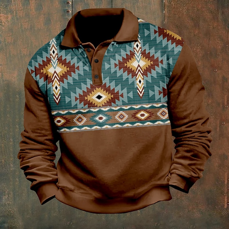 Men's Folk Polo Shirts Pullover Long Sleeve Polo Shirts Collar Vintage Casual Daily Streetwear 3D Print Buttons Fall & Winter Brown Army Green