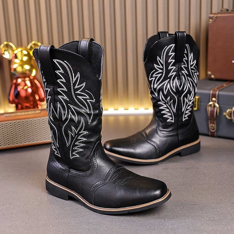 Men's Black Western Cowboy Boots – Embroidered Shaft with Classic Pointed Toe, Vintage Style for Rodeo or Casual Wear4