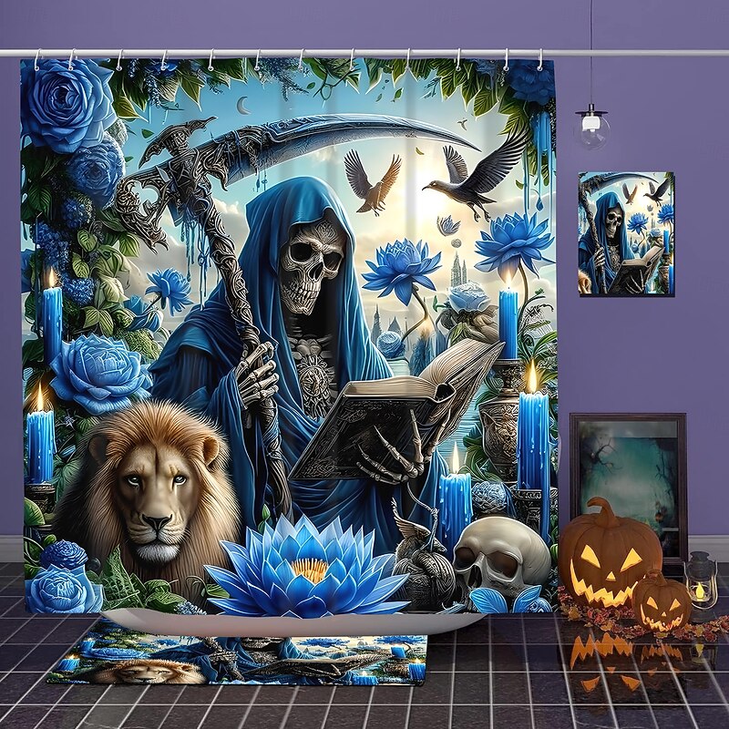 Halloween Shower Curtain with Hooks for Bathroom Shower Curtain  Bathroom Decor Set Polyester Waterproof 12 Pack Plastic Hooks Skull Heads3