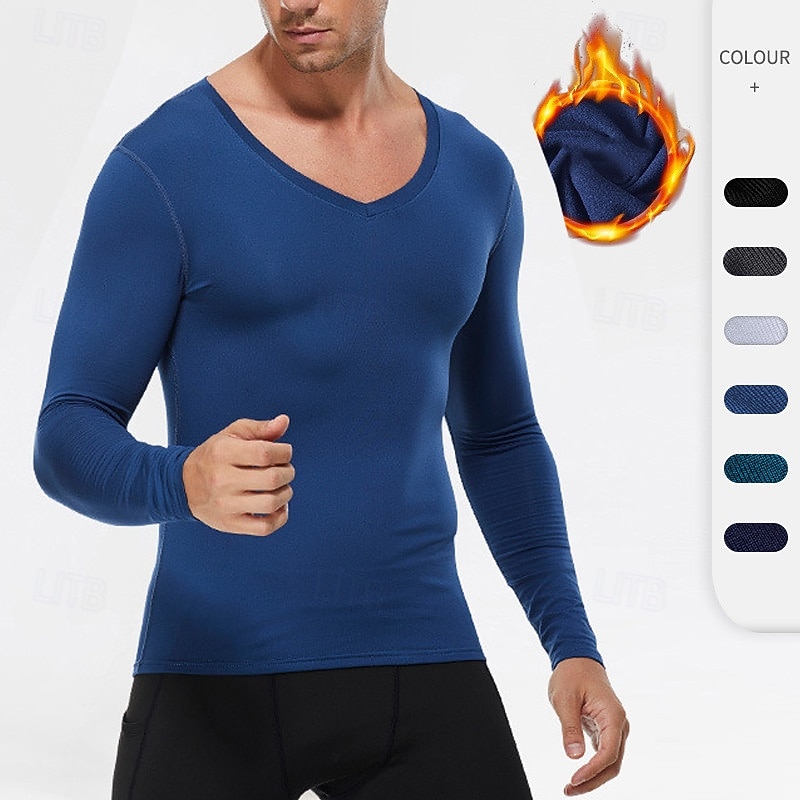Men's Running T-Shirt Long Sleeve Tee Tshirt Casual Athleisure Fall V Neck Solid Colored Fleece Thermal Warm Soft Breathable Gym Workout Walking Jogging Sportswear Activewear Black White Dark Navy