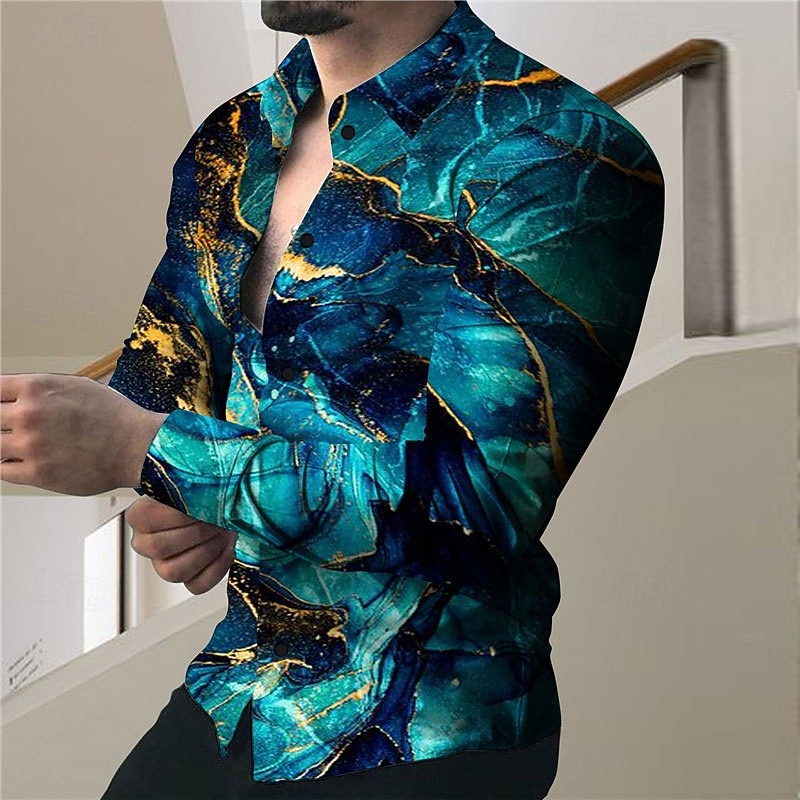 Men's Geometric Pattern Marble Shirt Button Up Shirt Long Sleeve Fashion Designer Casual Outdoor Casual Holiday Summer Spring Turndown Print Button-Down Black White Navy Blue Blue