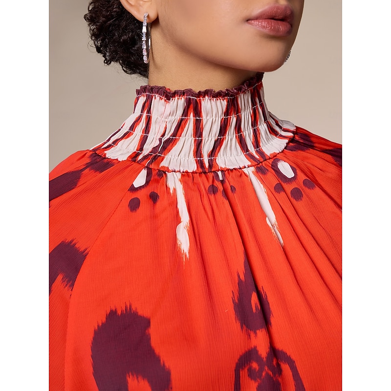 Chiffon Orange Bohemian Printing Turtleneck Blouse3