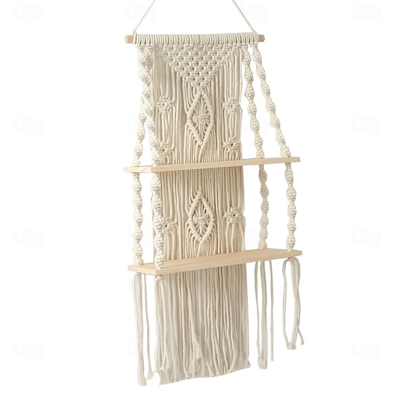 Macrame Wood Floating Shelves Handmade Woven Bohemian Wall Shelves Tapestry Cotton Woven Rope Hanging Shelves Decorative Storage Racks Holder Organizer Boho Decor For Home Bedroom Bathroom Plants4