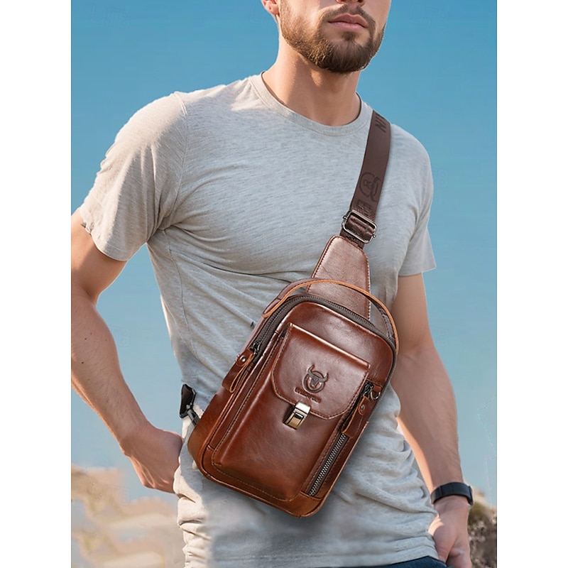 Men's Brown Leather Crossbody Sling Bag with Multiple Compartments and Adjustable Strap, Ideal for Travel and Daily Use3