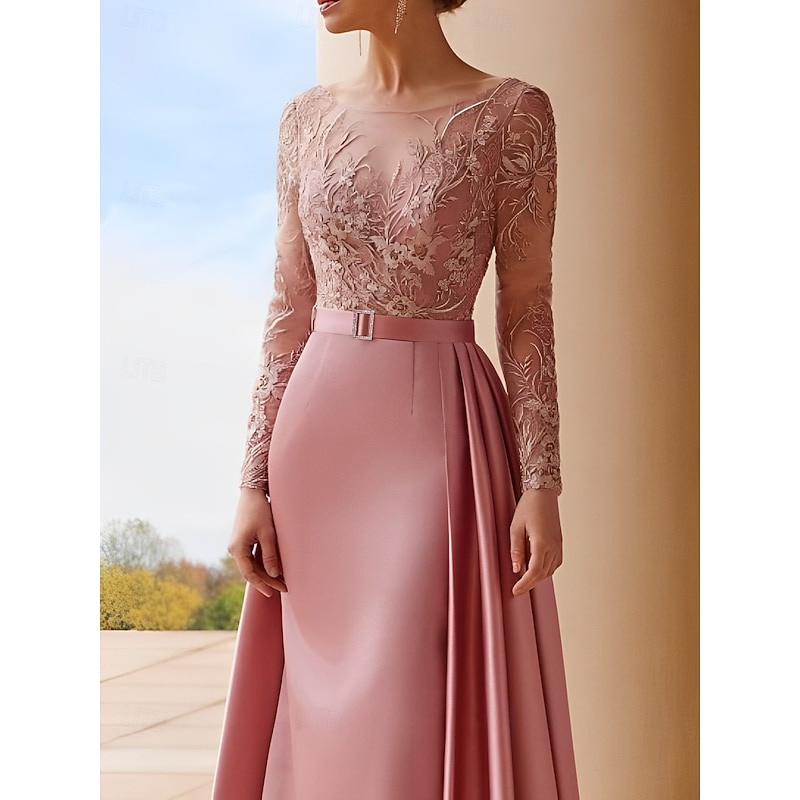 A-Line Mother of the Bride Dress Wedding Guest Elegant Scoop Neck Sweep / Brush Train Stretch Satin Long Sleeve with Lace Sash / Ribbon Ruching3