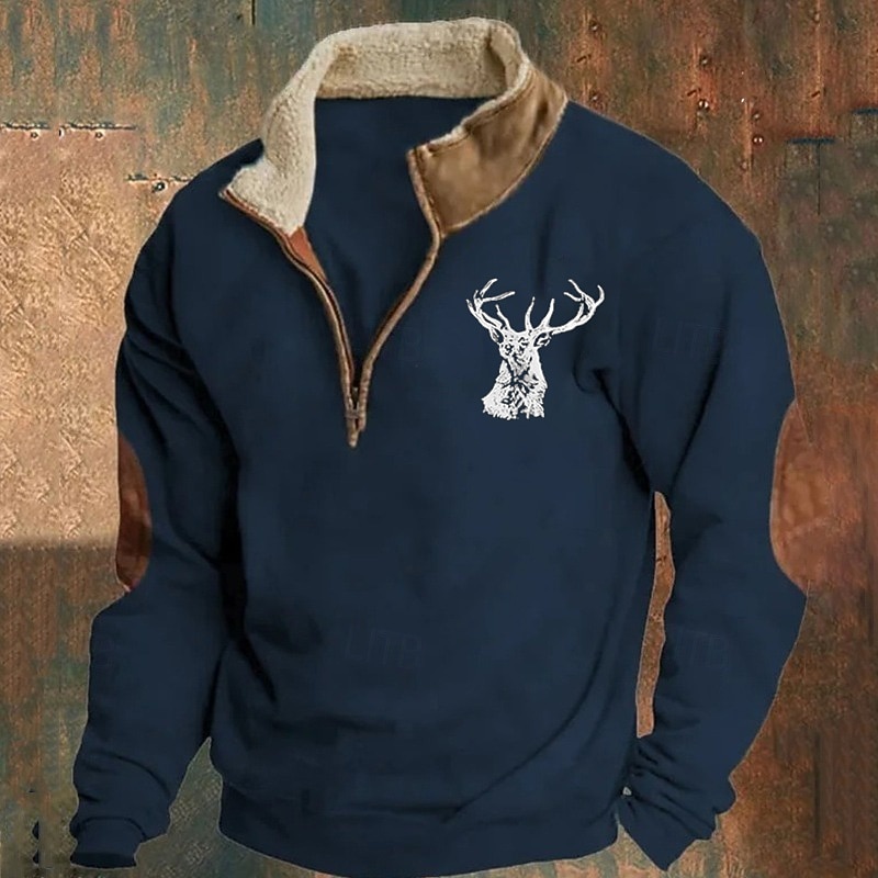 Men's Sweatshirt Quarter Zip Sweatshirt Black Navy Blue Brown Gray Half Zip Color Block Reindeer Patchwork Sports & Outdoor Daily Holiday Polyester Streetwear Basic Casual Fall & Winter Clothing2