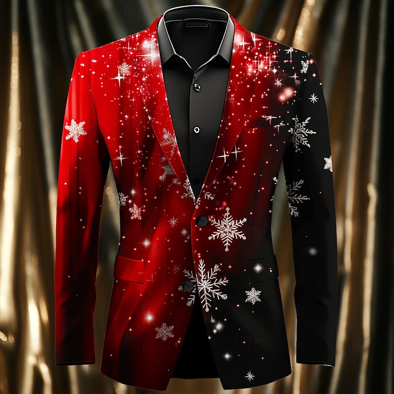 Christmas Men's Christmas Scene Print Blazers Snowflake Casual Coat Blazer Jacket Breathable Comfortable Party Evening Daily Button 3D Print Multi Pocket Regular Fit Fall & Winter Turndown Long