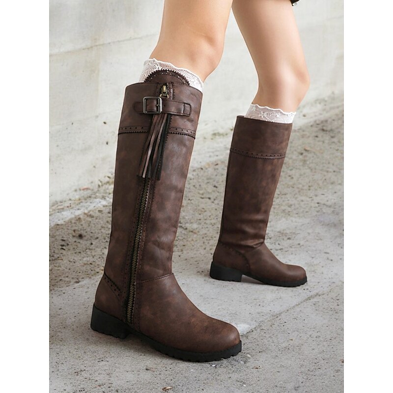 Women's Blue Faux Suede Knee-High Boots with Side Zipper and Tassel Detail, Vintage Style for Fall and Winter Casual Wear3