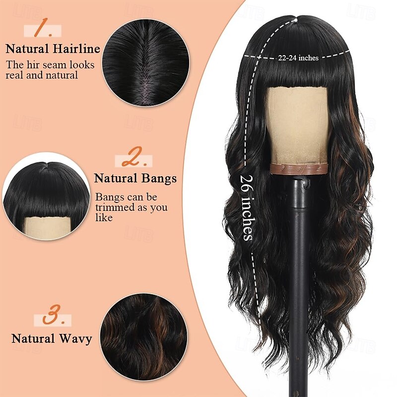 Wig with Bangs Long Wavy Wig for Women Synthetic Curly Wigs Hair Replacement Wigs for Girls Daily Party Use 26 Inches2