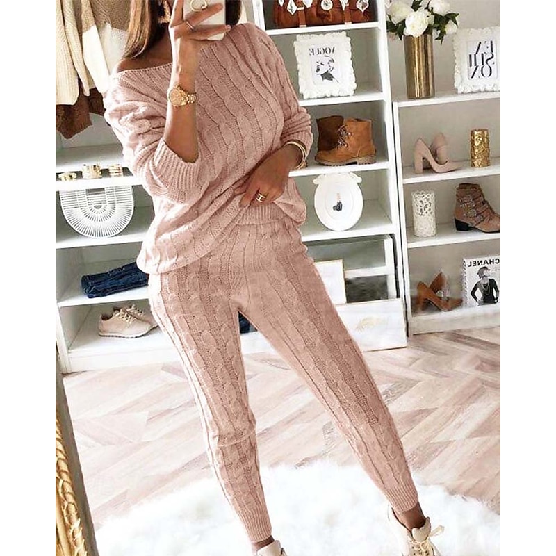 Women's Sweater Casual Solid Color Cable Crew Neck Knitted Long Sleeve Long Tops Knit Weekend Pink Fall Winter