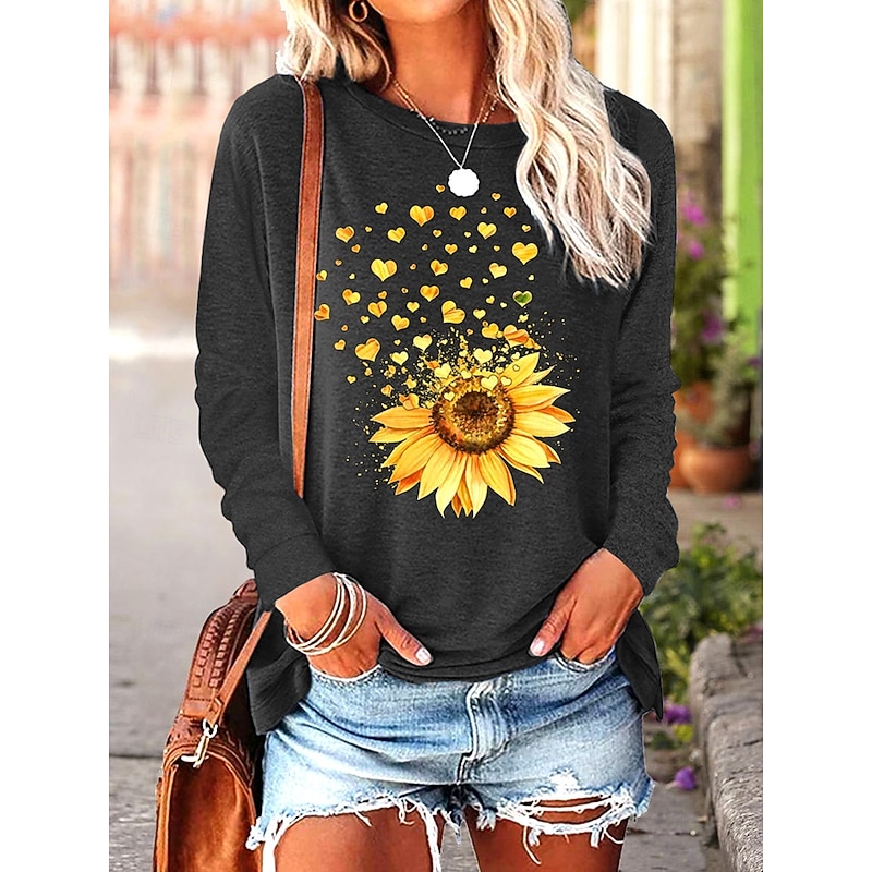 Women's T Shirt Sunflower Casual Long Sleeve Crew Neck Regular Tops Daily Print Black Spring Fall3