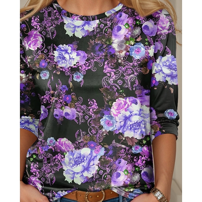 Women's T Shirt Floral Elegant Ladies  Vacation Party Work Print Purple Spring Fall Winter3