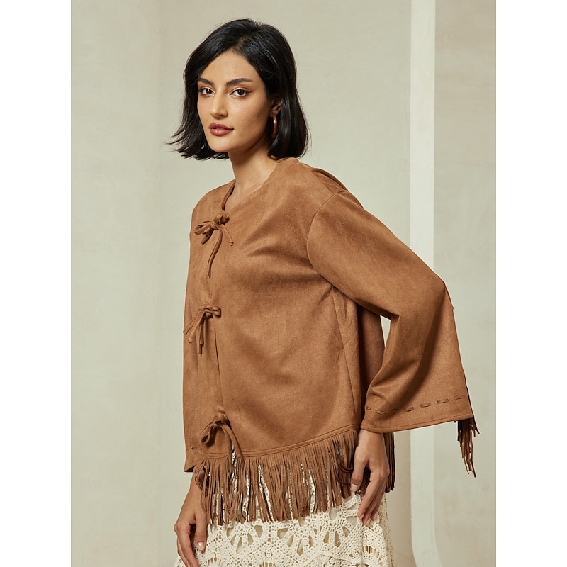 Suede Fringed Flare Cuff Sleeve Jacket4