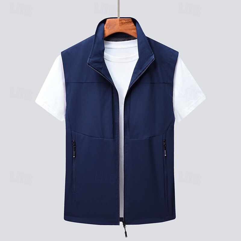 Men's Vest Gilet Fishing Vest Hiking Vest Daily Date Vacation Fashion Casual Spring & Summer Pocket Polyester Comfortable Plain Zipper Stand Collar Regular Fit Black Khaki Army Green Dark Blue Vest2