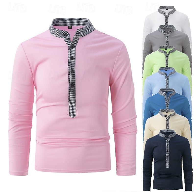 Men's Golf Shirt Golf Polo Work Casual Banded Collar Long Sleeve Basic Modern Color Block Patchwork Button Spring & Fall Regular Fit Wine Spring Grass Green Black White Pink Navy Blue Golf Shirt