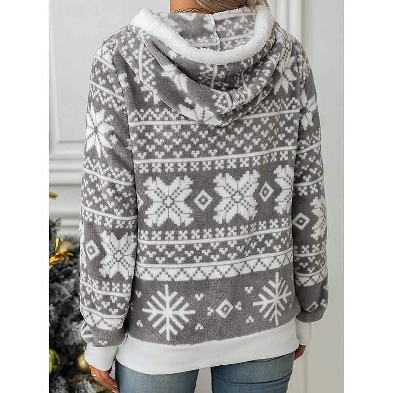 Women's Fleece Jacket Sherpa-Lined Hooded Full-Zip Winter Snowflake Print Grey and White Cozy Warm Casual Outerwear Multiple Sizes2
