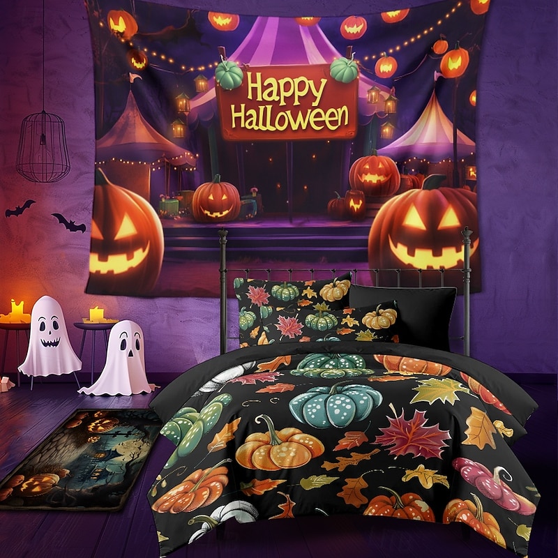 Halloween Decorations Blacklight Tapestry UV Reactive Glow in the Dark Glow Party Skulls Psychedelic Trippy Misty Hanging Tapestry Wall Art Mural for Living Room Bedroom Pumpkins4