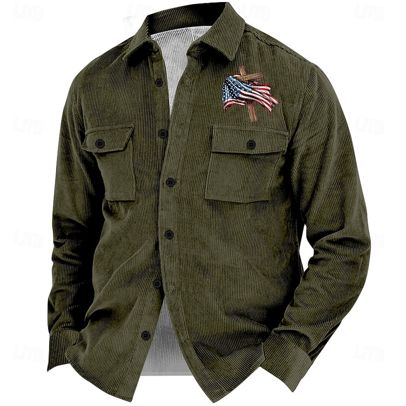 American Independence Day Men's American Flag Cowboy Corduroy Shirt Shirt Jacket Overshirt Long Sleeve Vintage Tribal Outdoor Dailywear Fall & Winter Turndown Collared Shirts Buttons 3D Print 2