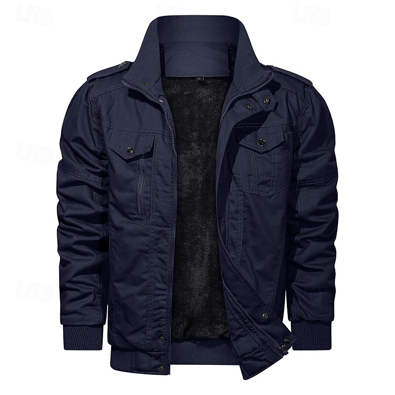 Men's Winter Jacket Fleece Jacket Casual Jacket Daily Vacation Thermal Warm Pocket Fleece Fall & Winter Plain Fashion Streetwear Stand Collar Regular Black Navy Blue Khaki Army Green Dark Gray Jacket2