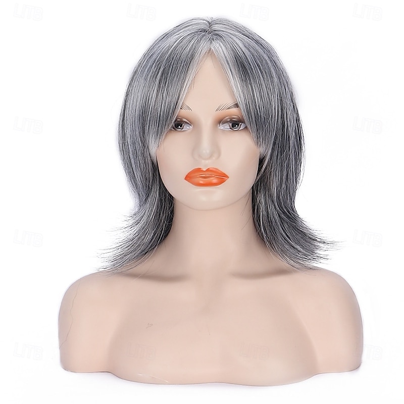 Silver Gray Layered Wig with Curtain Bangs for Women Synthetic Light Grey Ombre Highlight Bob Wig Short Pixie Cut Layered Wavy Wig for Women3