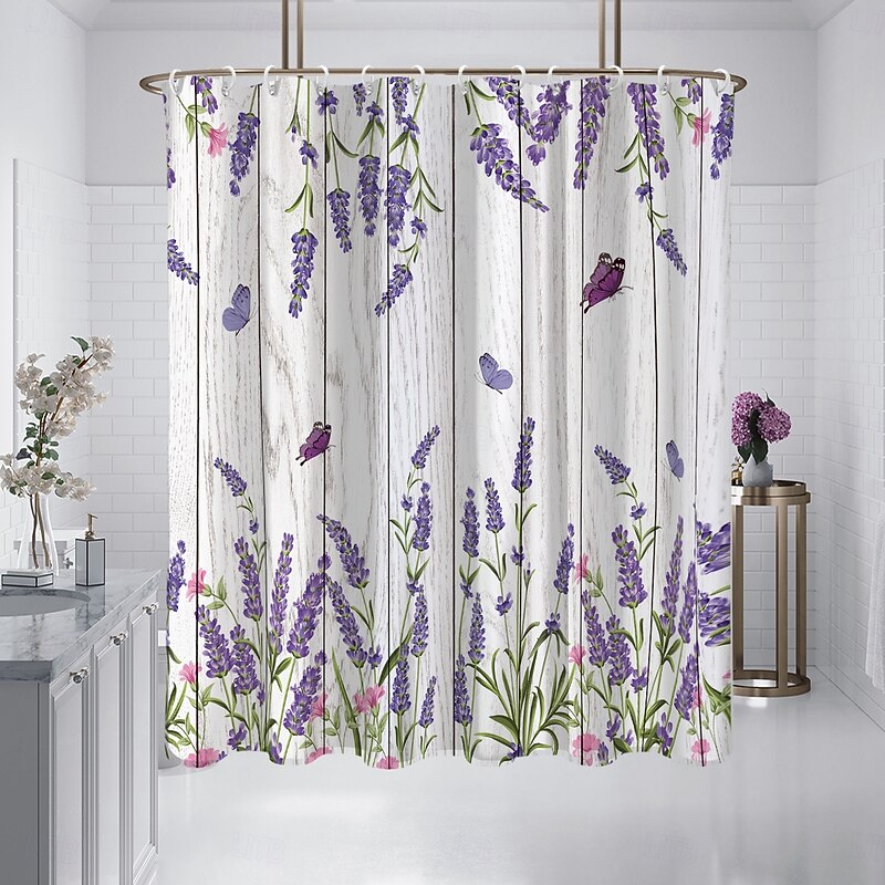 Shower Curtain with Hooks 180cm*180cm(70"*70") Polyester Washable Waterproof Butterfly Lavender Pattern Bathroom Decor2