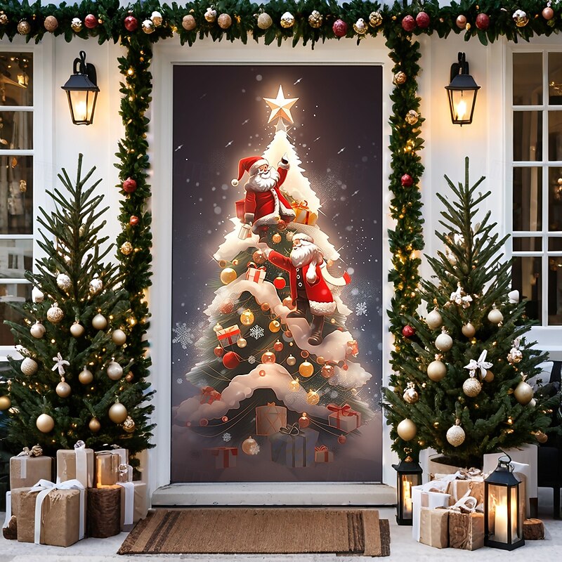 Christmas Door Decorations Door Covers Xmas Santa Door Tapestry Door Curtain Decoration Backdrop Door Banner for Front Door Farmhouse Holiday Party Decor Supplies Christmas Tree Indoor/Outdoor2