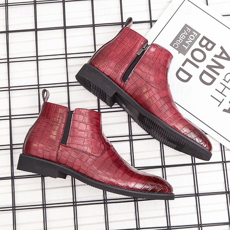 Men's Red Crocodile Pattern Chelsea Boots - Sleek Patent Faux Leather Ankle Boots for Christmas,Formal Events and Parties4
