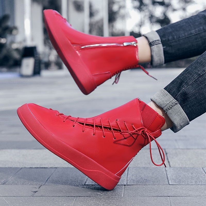 Men's Red Faux Leather High-Top Boots with Side Zipper and Lace-Up Design – Stylish Casual Footwear for Fall and Winter 6