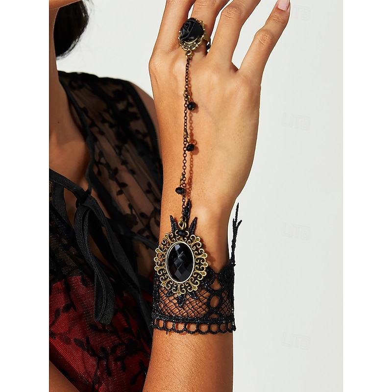 Vintage Gothic Lace Bracelet with Ring, Black Gemstone Hand Chain Jewelry, Perfect for Halloween, Cosplay, and Victorian-Themed Costumes