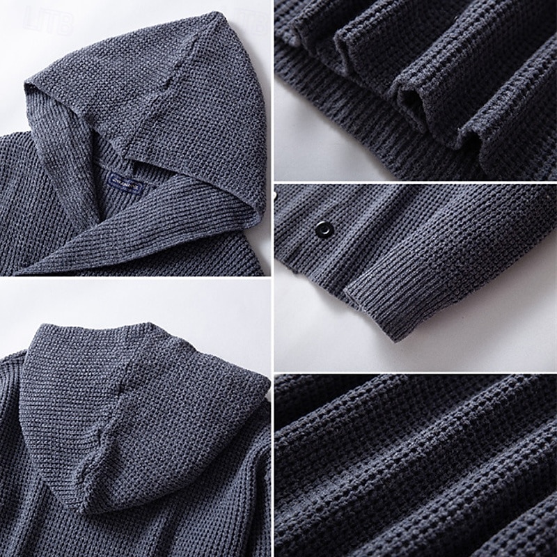 Men's Cardigan Sweater Cropped  Sweater Knit Sweater Ribbed Knit Regular Button-Down Plain Hooded Fashion Classic Daily Wear Date Clothing Apparel Fall & Winter Gray M L XL3