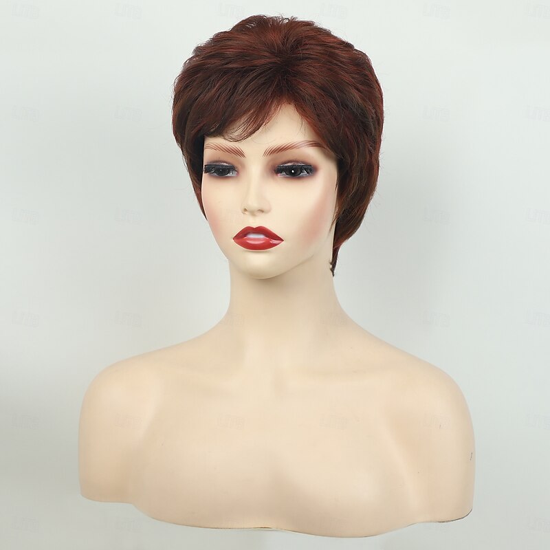 Red Brown Curly Pixie Wigs for White Women Short Fluffy White Hair with Bangs Natural Synthetic Heat Resistant Wig2