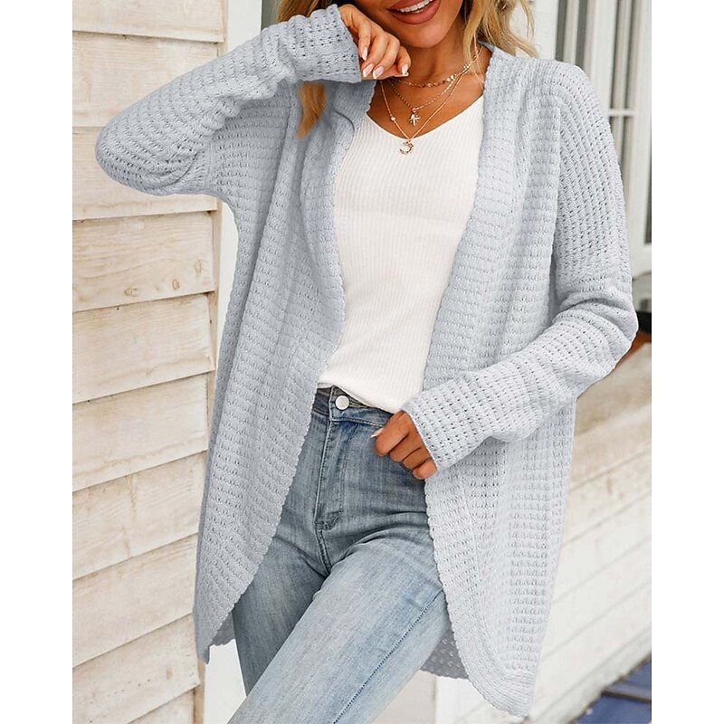 Women's Sweater Cardigan Daily Casual Solid Color Open Front Knitted Long Sleeve Long Tops Knit Home Work Khaki Light Grey Fall Winter2