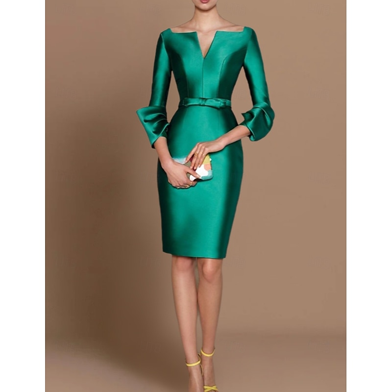 Sheath Cocktail Dresses Elegant Dress Formal Wedding Guest Knee Length 3/4 Length Sleeve V Neck Satin with Sash / Ribbon Pure Color Race Day Dress free custom size
