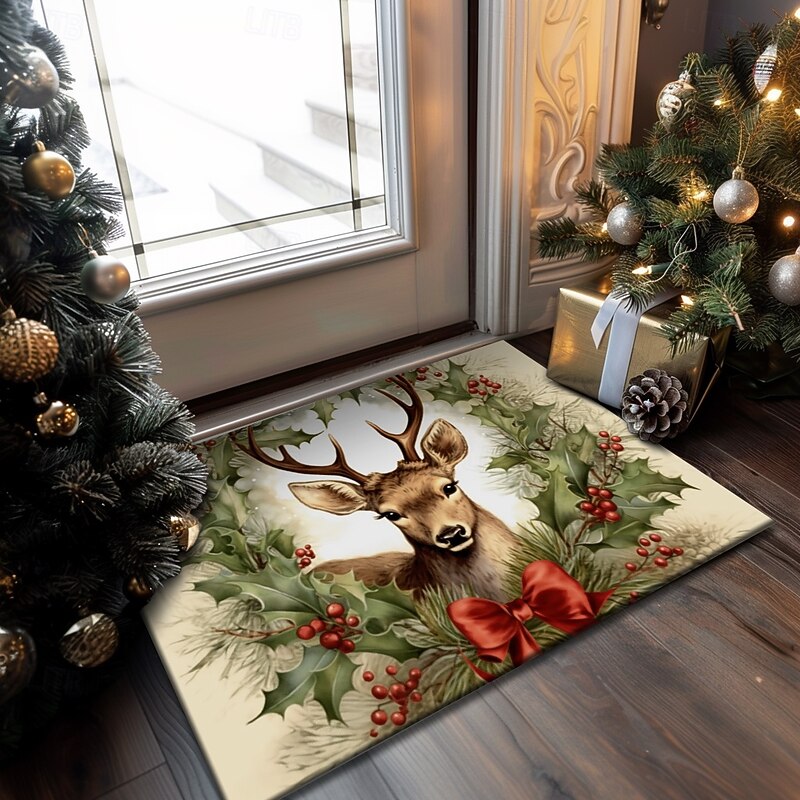Christmas Decoration Doormat Xmas Reindeer Holly Kitchen Mat Floor Mat Non-Slip Area Rug Oil Proof Rug Indoor Outdoor Mat Bedroom Decor Bathroom Mat Entrance Rug3