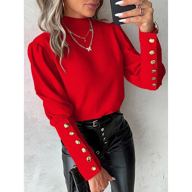 Women's Shirt Blouse Solid Color Elegant Ladies Stylish Long Sleeve High Neck Work Lace Buttons Black White Red Blue Spring Fall Winter4
