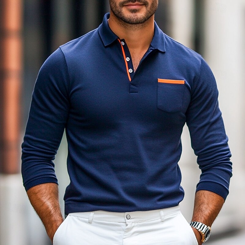 Men's Polo Shirt Golf Polo Street Business Turndown Ribbed Polo Collar Long Sleeve Fashion Basic Solid Color Patchwork Pocket Fall Winter Cross-Seasons Regular Fit Army Green Black Navy Blue Grey4