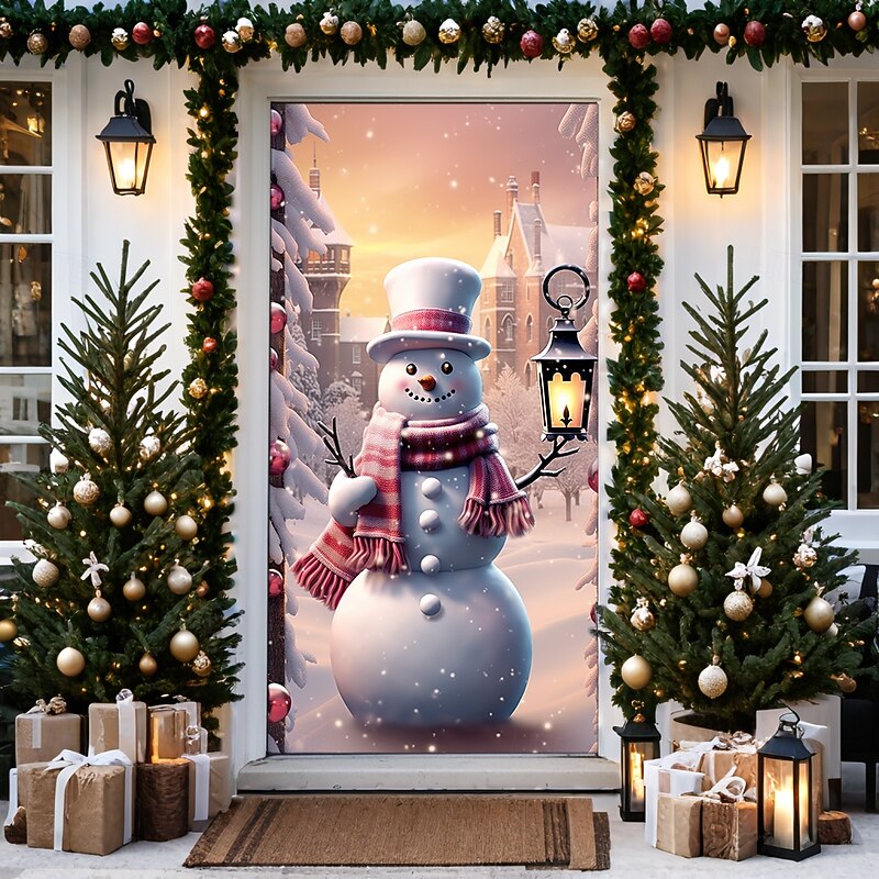 Christmas Door Decorations Door Covers Xmas Snowman Pink Door Tapestry Door Curtain Decoration Backdrop Door Banner for Front Door Farmhouse Holiday Party Decor Supplies Indoor/Outdoor