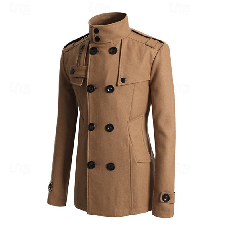 Men's Peacoat Trench Coat Daily Vacation Fall & Winter Polyester Thermal Warm Outerwear Clothing Apparel Fashion Classic Plain Pocket Stand Collar Double Breasted3