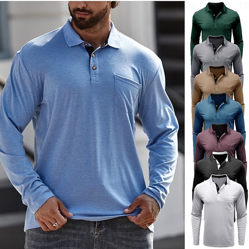 Men's Polo Shirt Golf Shirt Casual Sports Lapel Long Sleeve Fashion Basic Solid Color Button Spring &  Fall Regular Fit Light Blue Army Green Dark Grey Lake blue Retro Red Apricot Polo Shirt