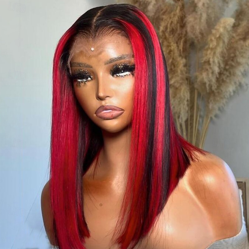Remy Human Hair 13x4 Lace Front Wig Short Bob Brazilian Hair Silky Straight Red Wig 130% 150% Density with Baby Hair Highlighted / Balayage Hair 100% Virgin Glueless For Women Short Human Hair Lace2