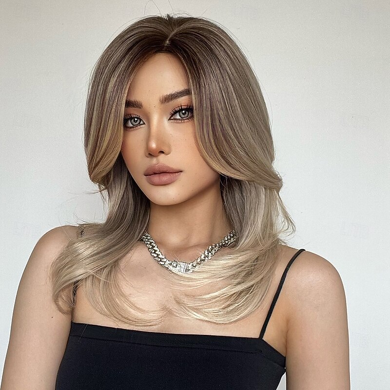 Synthetic Wig Uniforms Career Costumes Princess Straight kinky Straight Middle Part Layered Haircut With Bangs Machine Made Wig 22 inch Silver grey Synthetic Hair Women's Cosplay Party Fashion Gray4